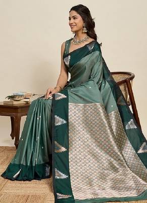 Green zari work silk blend saree with blouse 1