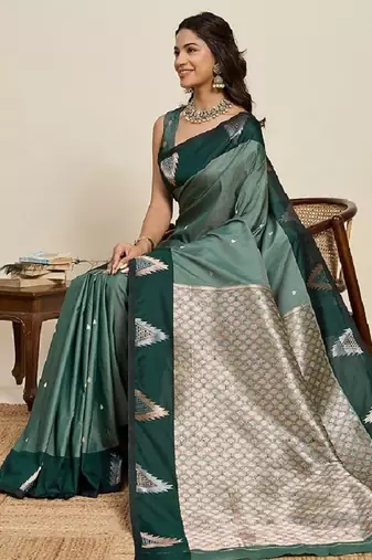 Green zari work silk blend saree with blouse