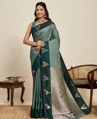 Green zari work silk blend saree with blouse 2