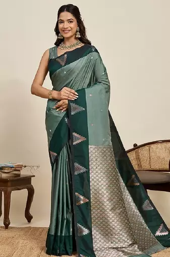 Green zari work silk blend saree with blouse