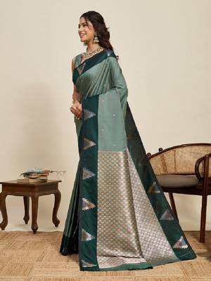 Green zari work silk blend saree with blouse 3