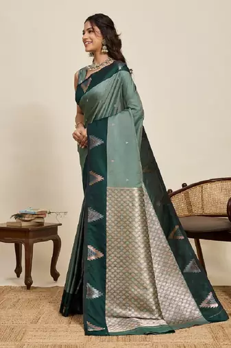 Green zari work silk blend saree with blouse