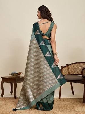 Green zari work silk blend saree with blouse 4