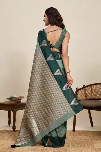Green zari work silk blend saree with blouse