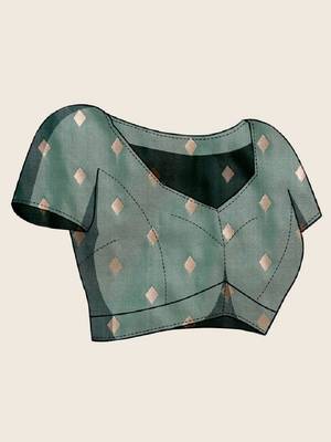Green zari work silk blend saree with blouse 5