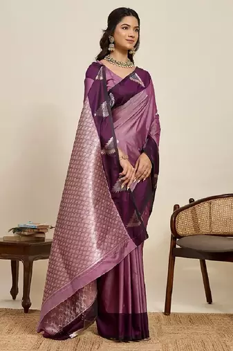 Wine zari work silk blend saree with blouse