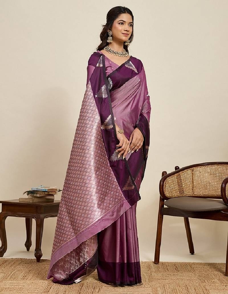 Wine zari work silk blend saree with blouse