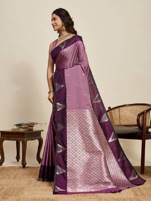 Wine zari work silk blend saree with blouse 3