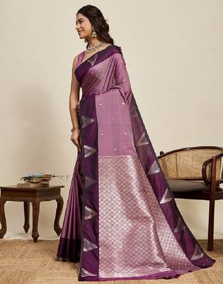 Wine zari work silk blend saree with blouse 4
