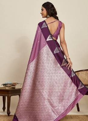 Wine zari work silk blend saree with blouse 5