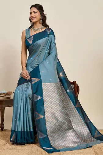 Blue zari work silk blend saree with blouse