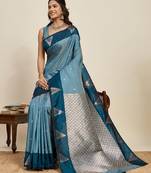 Blue zari work silk blend saree with blouse