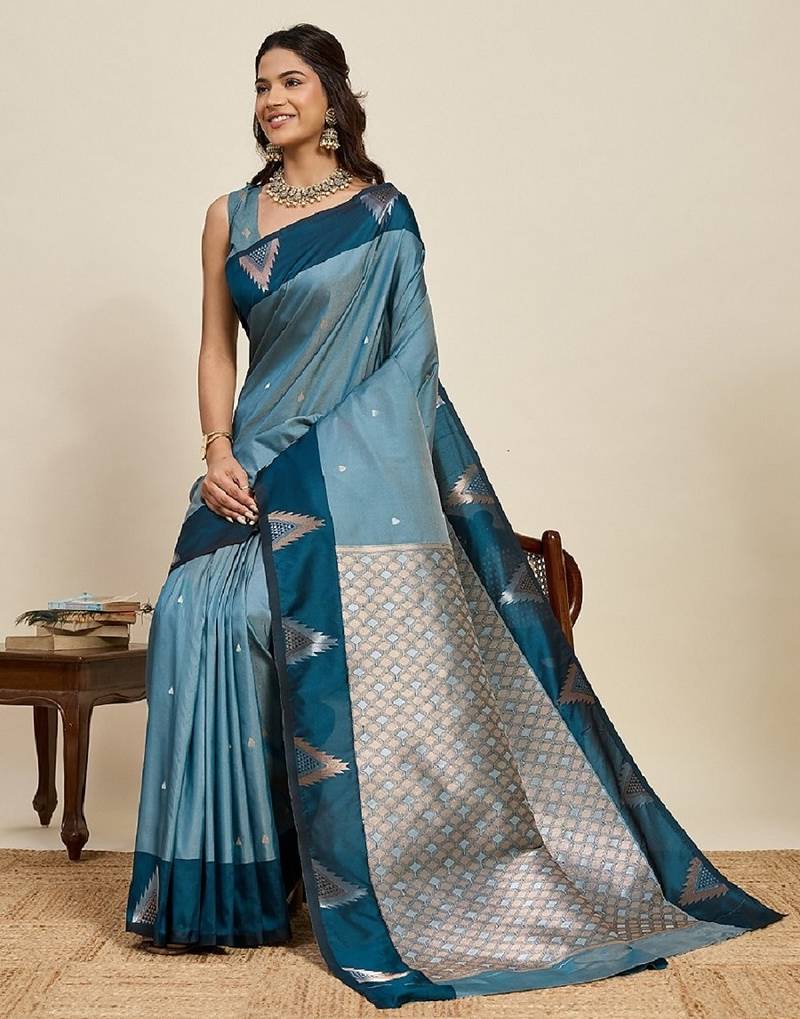 Blue zari work silk blend saree with blouse