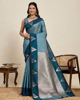 Blue zari work silk blend saree with blouse 2