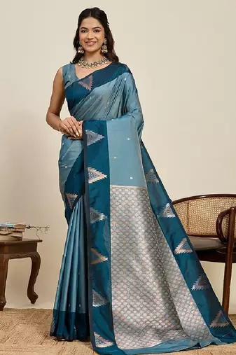 Blue zari work silk blend saree with blouse