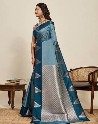 Blue zari work silk blend saree with blouse 3