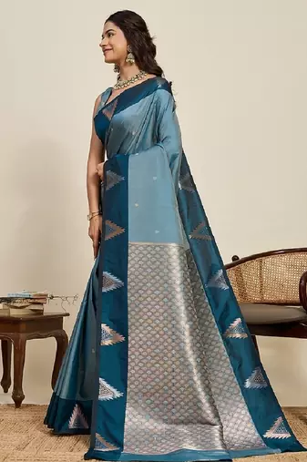 Blue zari work silk blend saree with blouse
