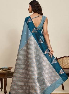 Blue zari work silk blend saree with blouse 5