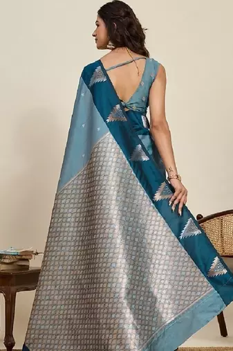Blue zari work silk blend saree with blouse