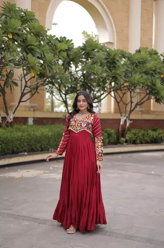 Designer reyon gown with mukaish & gamthi embroidery, mirror & gota patti lace | free size 38-44