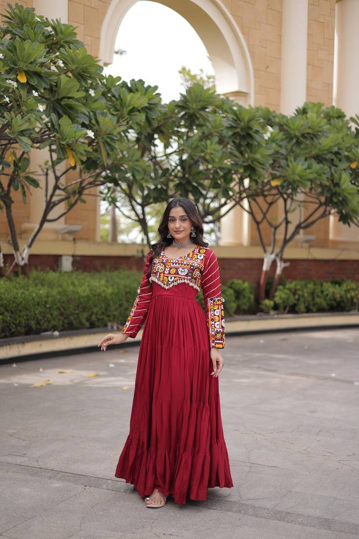 Designer reyon gown with mukaish & gamthi embroidery, mirror & gota patti lace | free size 38-44