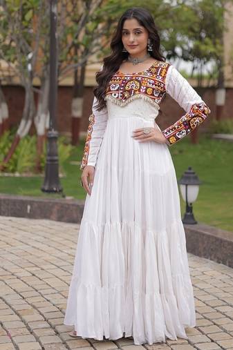 Designer reyon gown with mukaish & gamthi embroidery, mirror & gota patti lace | free size 38-44