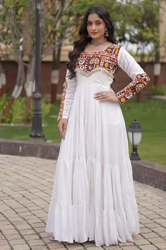 Designer reyon gown with mukaish & gamthi embroidery, mirror & gota patti lace | free size 38-44