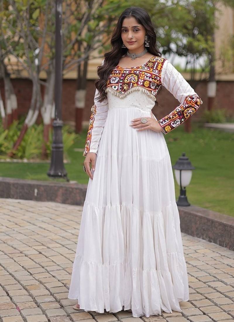Designer reyon gown with mukaish & gamthi embroidery, mirror & gota patti lace | free size 38-44