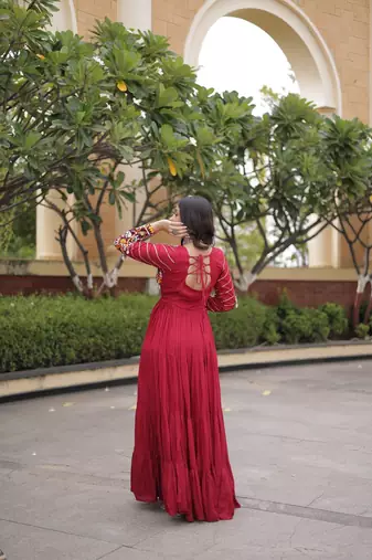 Designer reyon gown with mukaish & gamthi embroidery, mirror & gota patti lace | free size 38-44