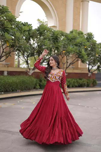 Designer reyon gown with mukaish & gamthi embroidery, mirror & gota patti lace | free size 38-44