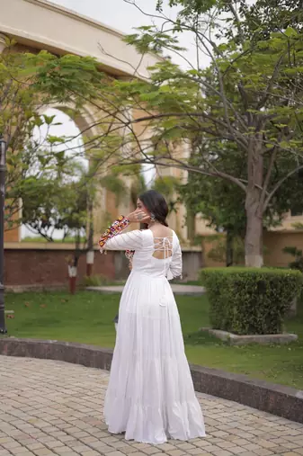 Designer reyon gown with mukaish & gamthi embroidery, mirror & gota patti lace | free size 38-44