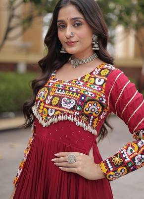 Designer reyon gown with mukaish & gamthi embroidery, mirror & gota patti lace | free size 38-44 4