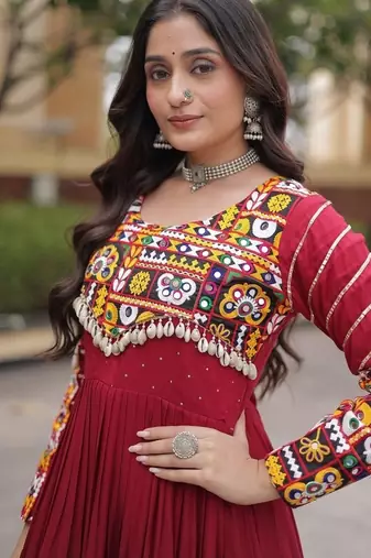 Designer reyon gown with mukaish & gamthi embroidery, mirror & gota patti lace | free size 38-44