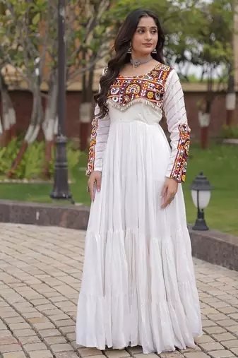 Designer reyon gown with mukaish & gamthi embroidery, mirror & gota patti lace | free size 38-44