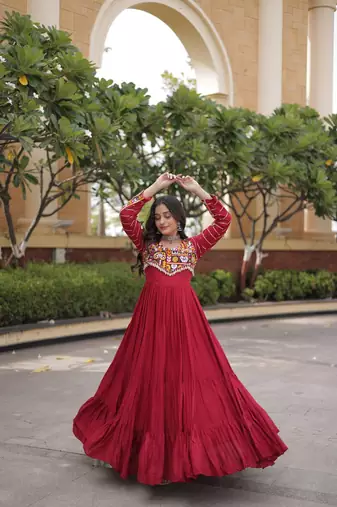 Designer reyon gown with mukaish & gamthi embroidery, mirror & gota patti lace | free size 38-44