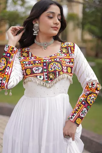 Designer reyon gown with mukaish & gamthi embroidery, mirror & gota patti lace | free size 38-44