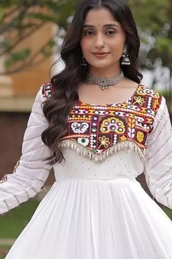 Designer reyon gown with mukaish & gamthi embroidery, mirror & gota patti lace | free size 38-44