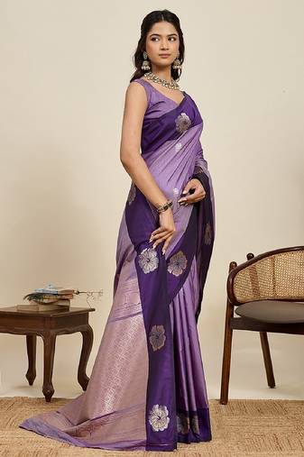 Purple zari work silk blend saree with blouse