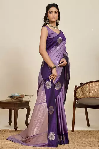 Purple zari work silk blend saree with blouse