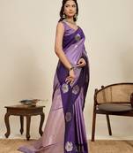 Purple zari work silk blend saree with blouse