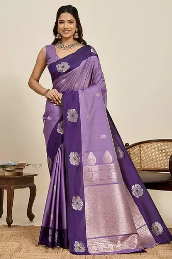 Purple zari work silk blend saree with blouse