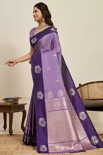 Purple zari work silk blend saree with blouse
