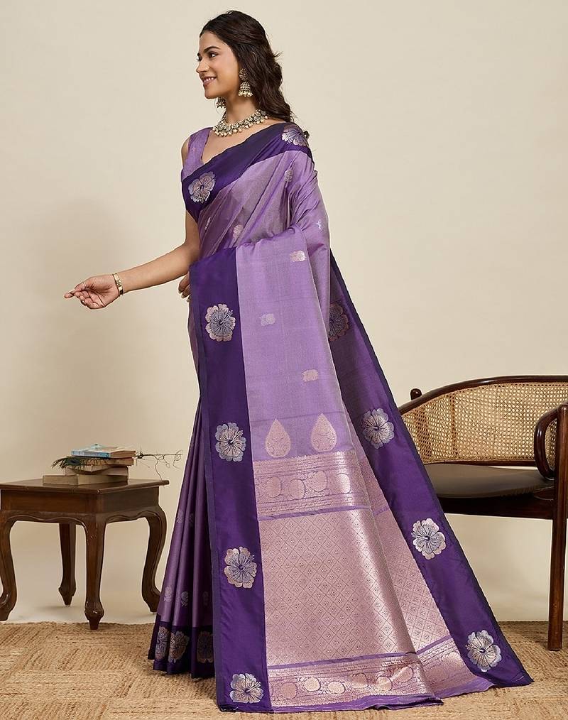 Purple zari work silk blend saree with blouse