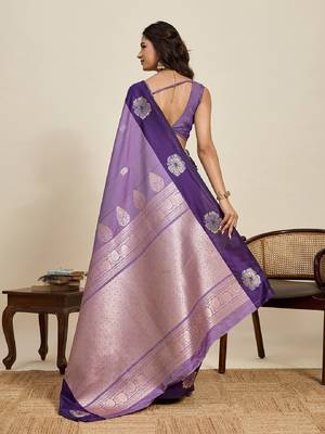 Purple zari work silk blend saree with blouse 4