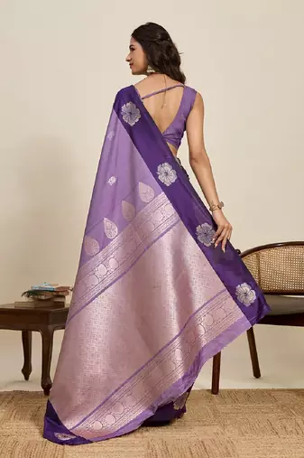 Purple zari work silk blend saree with blouse