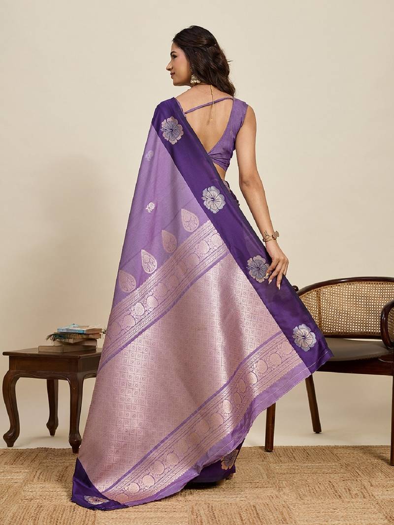 Purple zari work silk blend saree with blouse