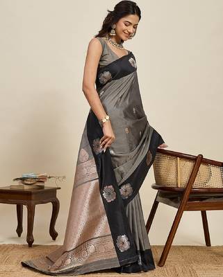 Black zari work silk blend saree with blouse 1