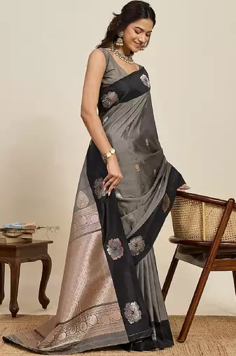 Black zari work silk blend saree with blouse
