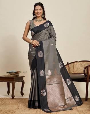 Black zari work silk blend saree with blouse 2