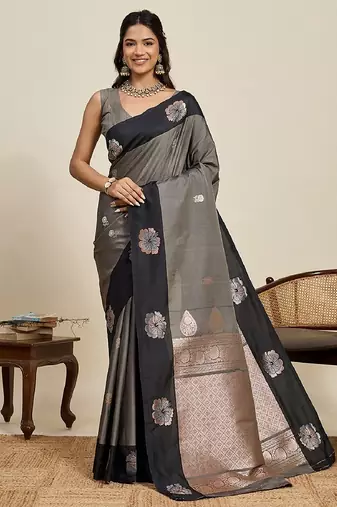 Black zari work silk blend saree with blouse